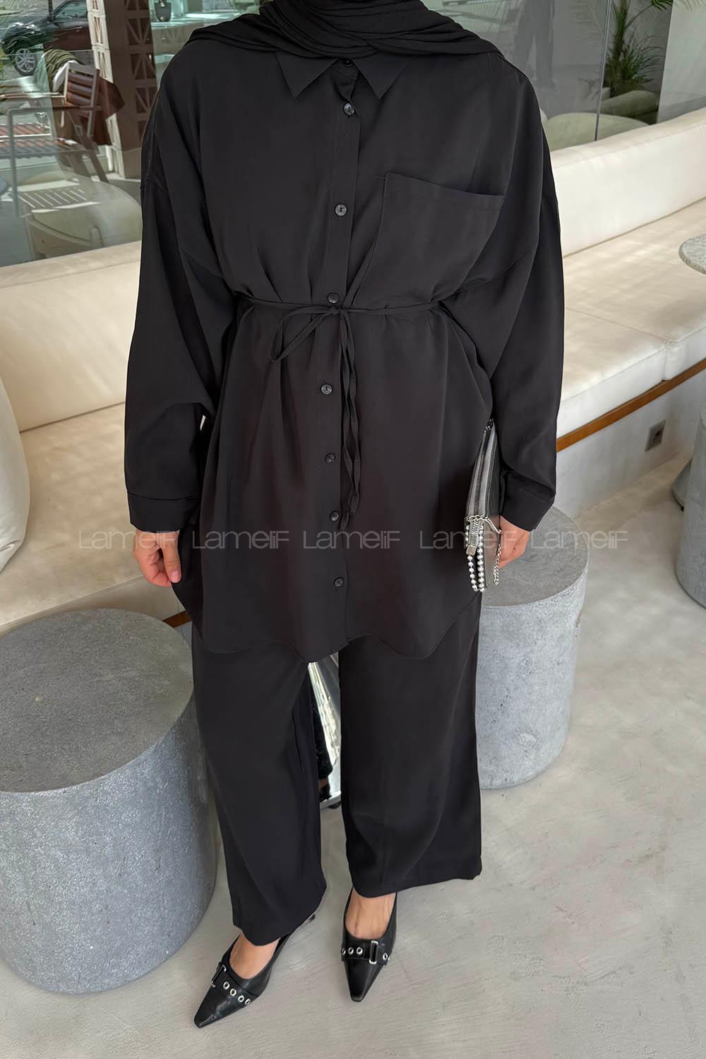 Lamelif Cep Detaylı Modal Tesettür Takım Siyah