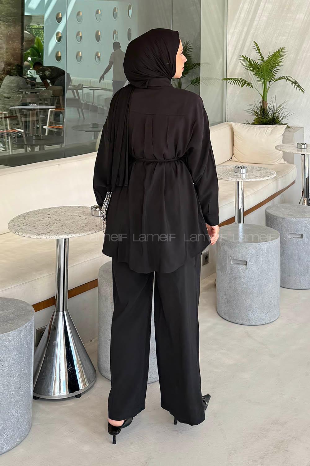 Lamelif Cep Detaylı Modal Tesettür Takım Siyah
