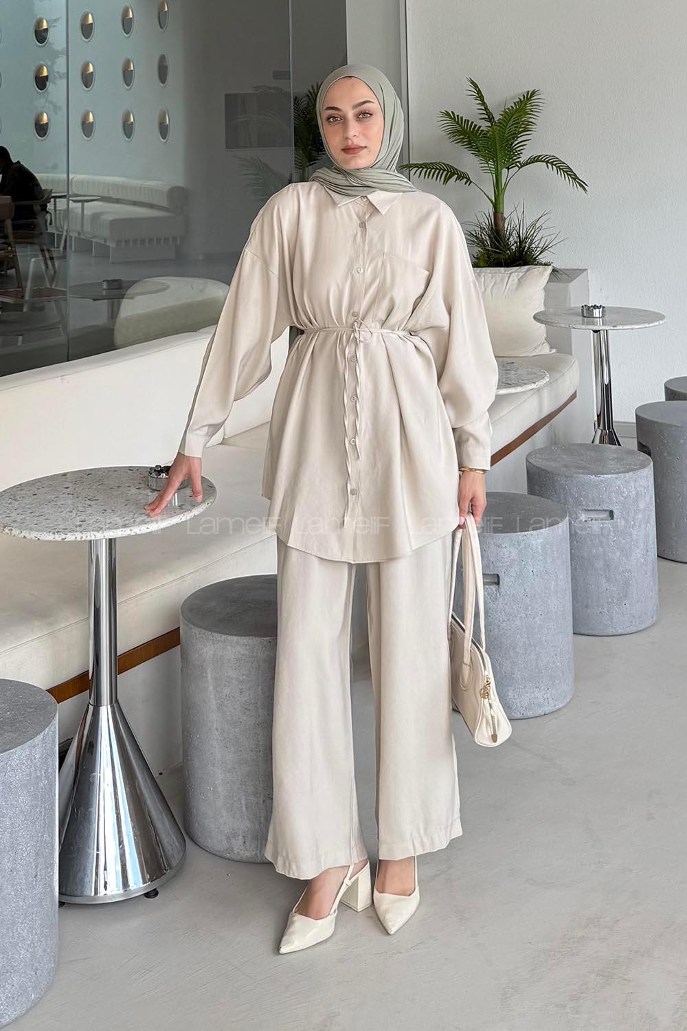 Lamelif Cep Detaylı Modal Tesettür Takım Taş Rengi