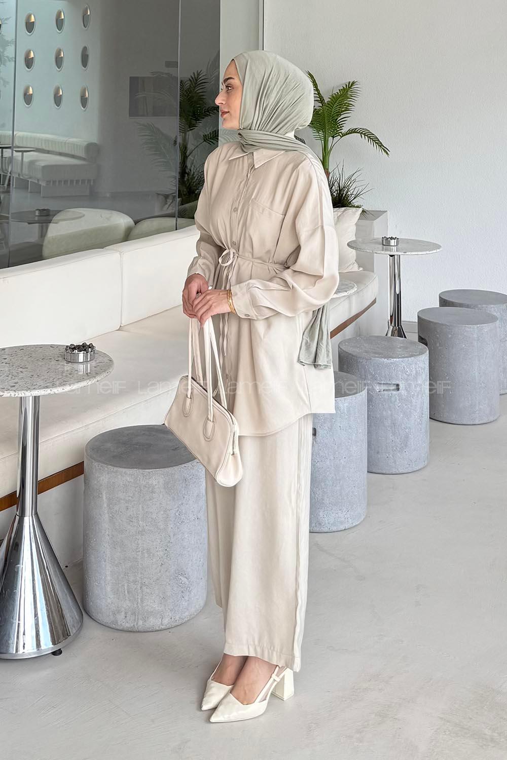 Lamelif Cep Detaylı Modal Tesettür Takım Taş Rengi