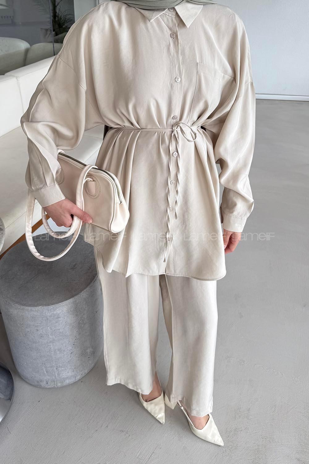 Lamelif Cep Detaylı Modal Tesettür Takım Taş Rengi