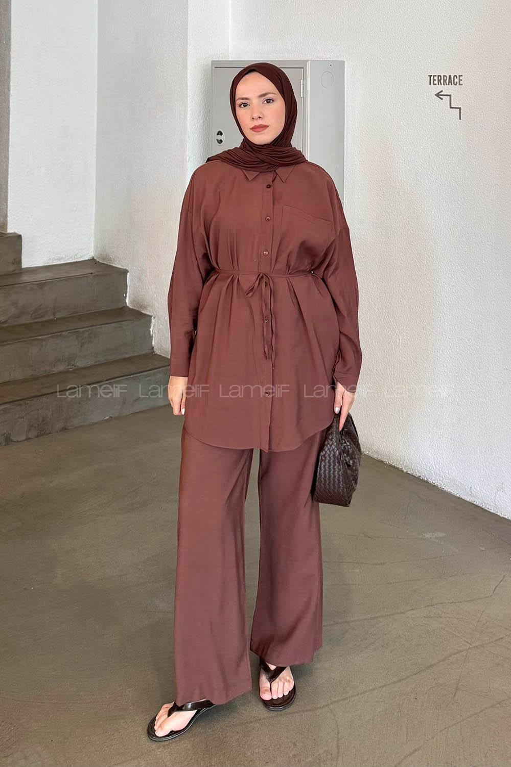 Lamelif Cep Detaylı Modal Tesettür Takım Acı Kahve