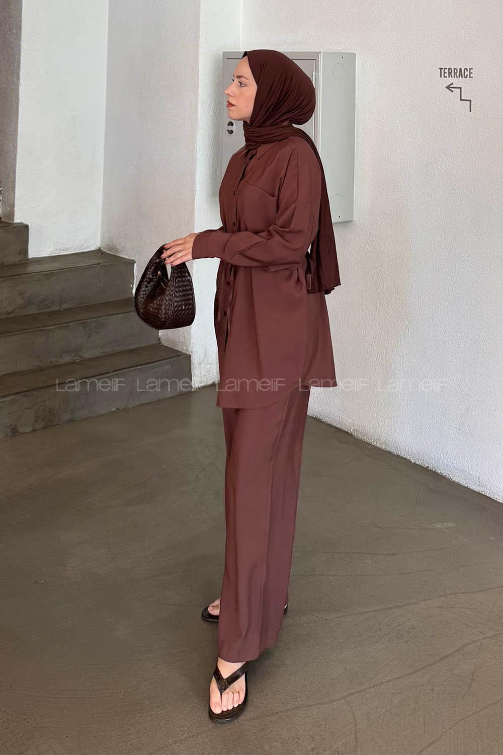 Lamelif Cep Detaylı Modal Tesettür Takım Acı Kahve
