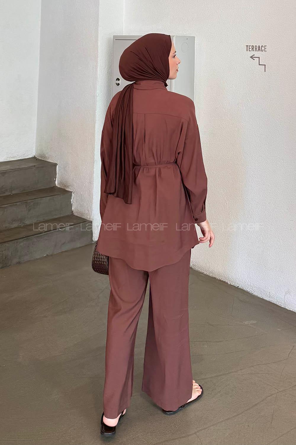 Lamelif Cep Detaylı Modal Tesettür Takım Acı Kahve