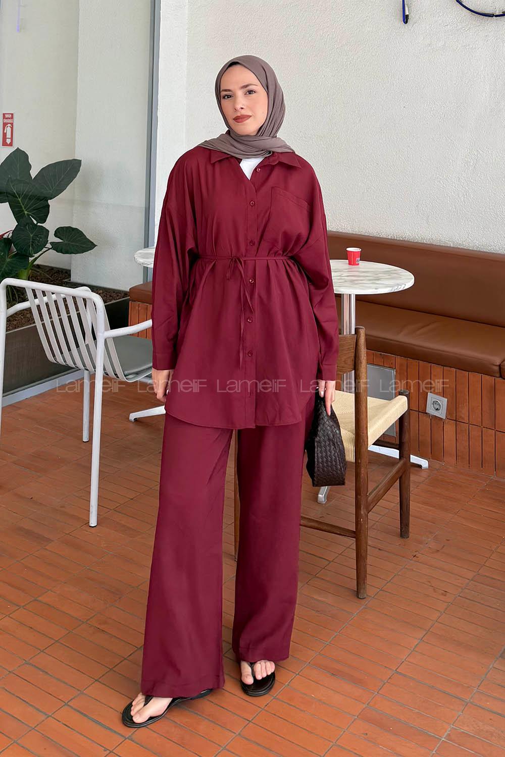 Lamelif Cep Detaylı Modal Tesettür Takım Bordo