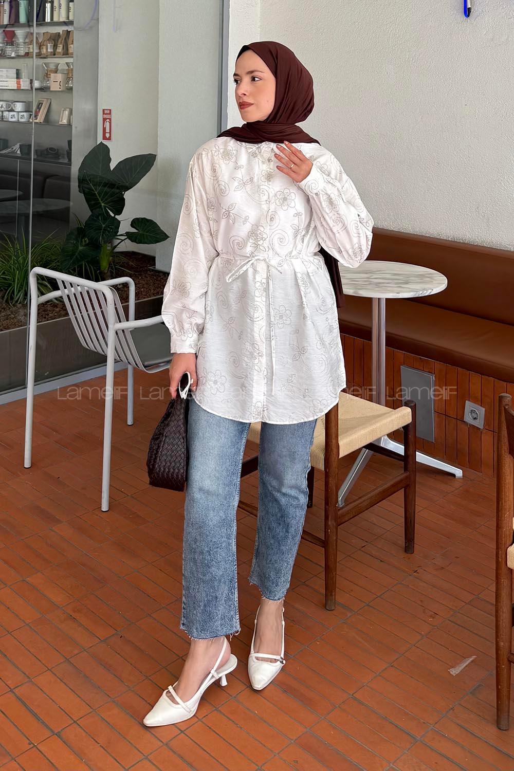 Lamelif Çiçek Desenli Tesettür Tunik Beyaz
