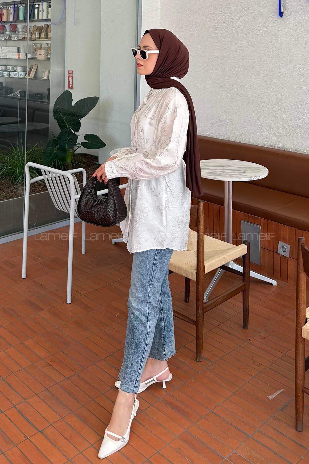 Lamelif Çiçek Desenli Tesettür Tunik Beyaz