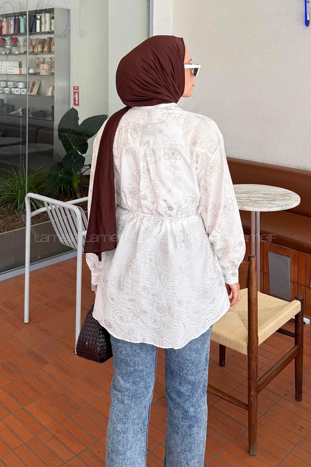 Lamelif Çiçek Desenli Tesettür Tunik Beyaz