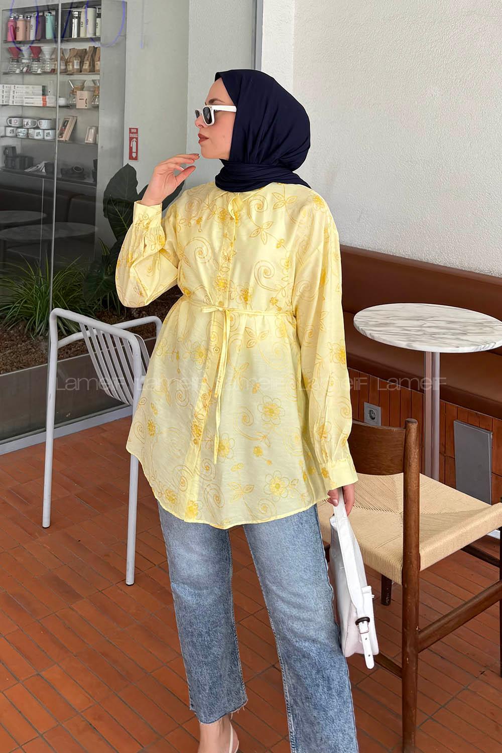 Lamelif Çiçek Desenli Tesettür Tunik Sarı