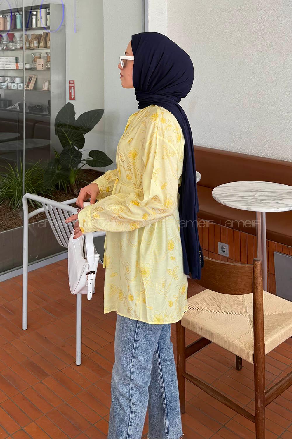 Lamelif Çiçek Desenli Tesettür Tunik Sarı