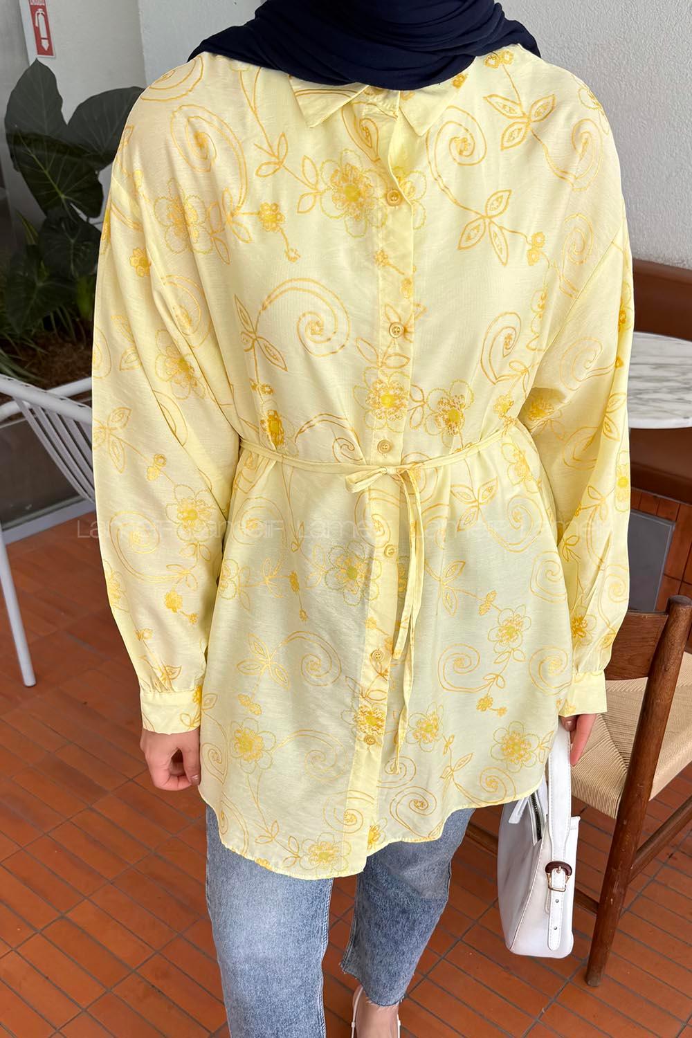 Lamelif Çiçek Desenli Tesettür Tunik Sarı
