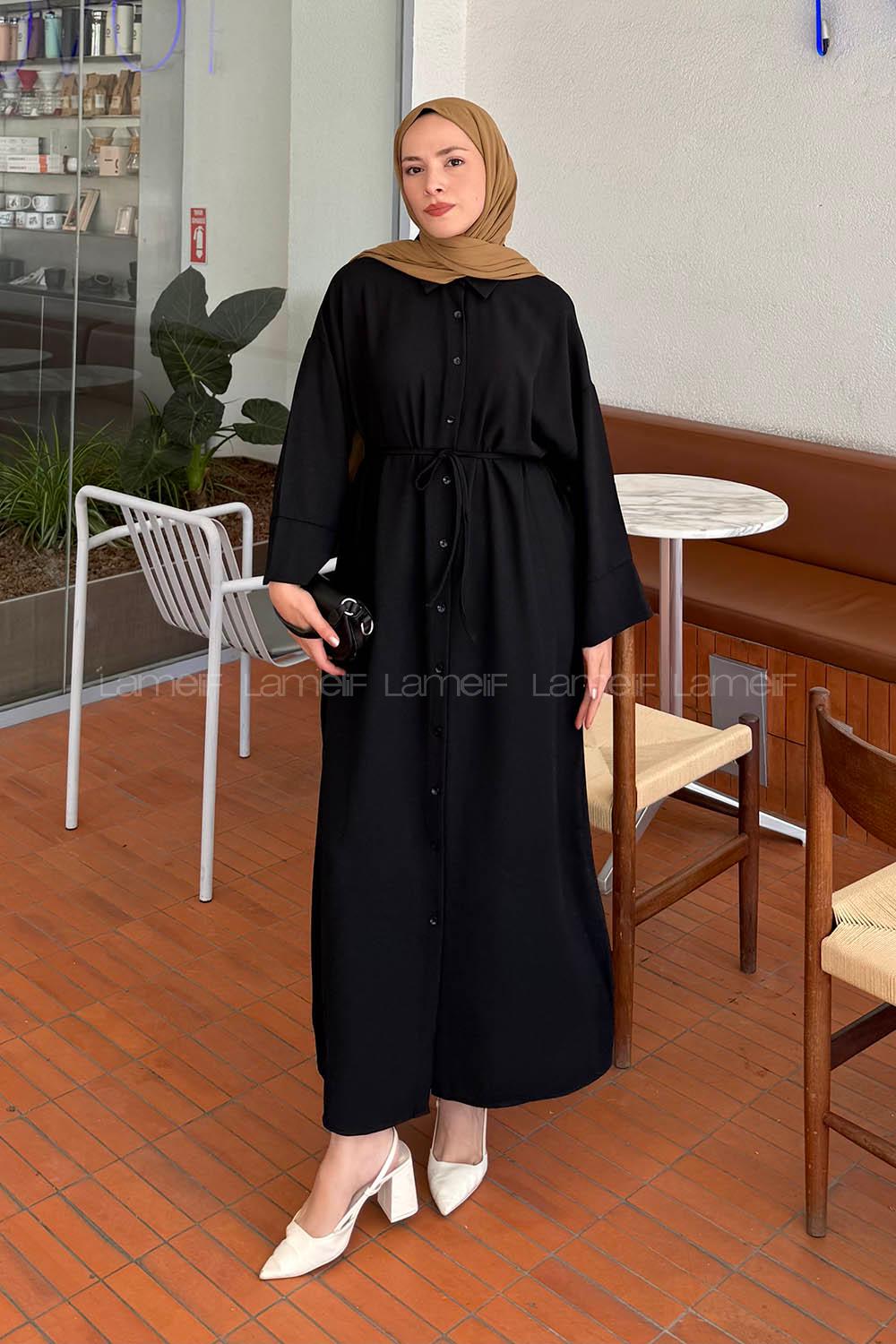 Lamelif Tesettür Krep Elbise Siyah