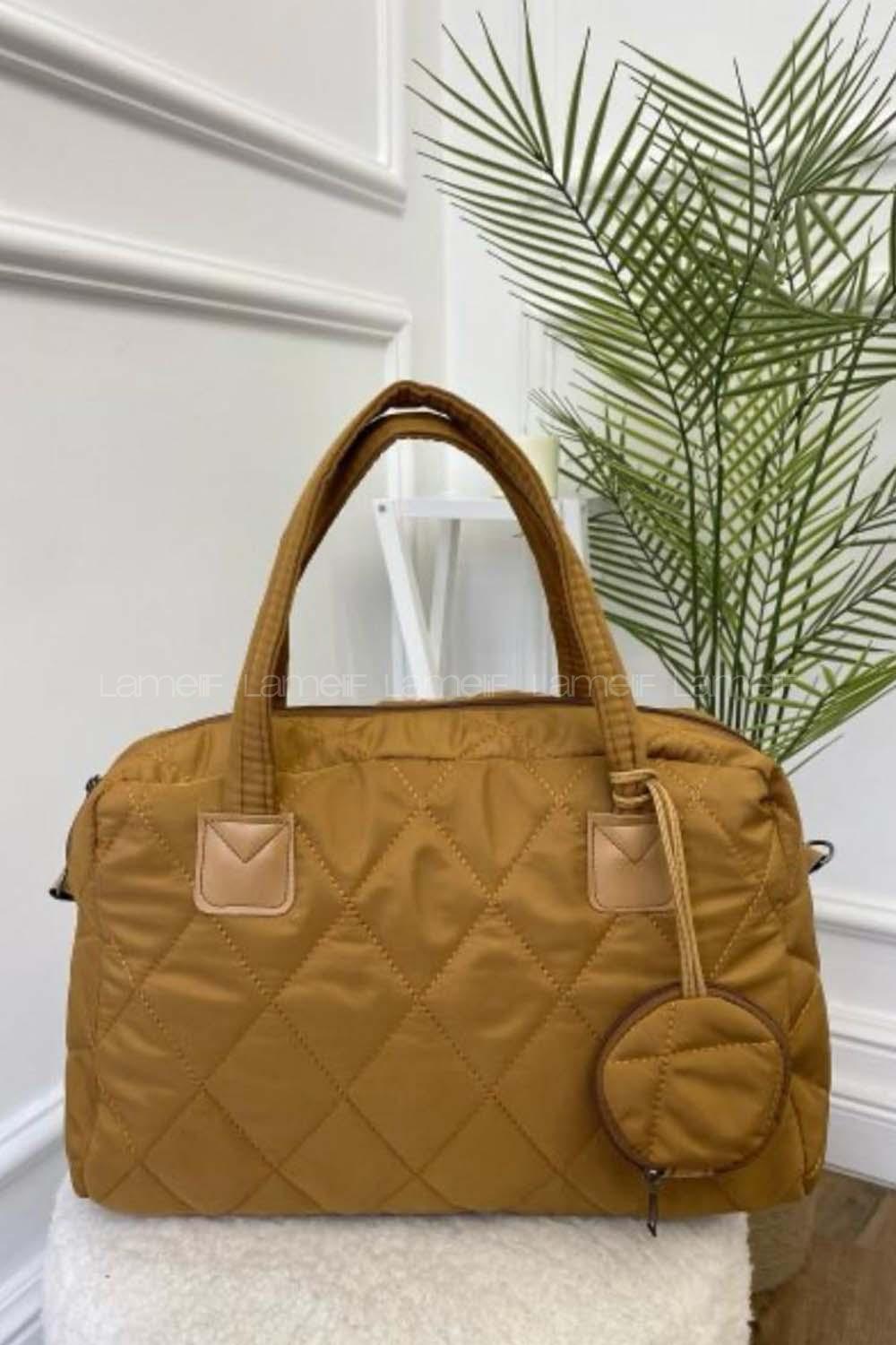 Lamelif  Cüzdan Aksesuarlı Barrel Kapitone Çanta Camel