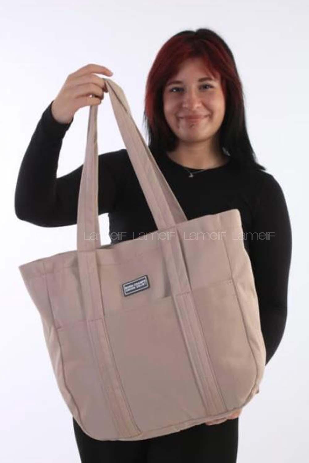 Lamelif Fermuarlı Büyük Kadın Kol Çantası Krem