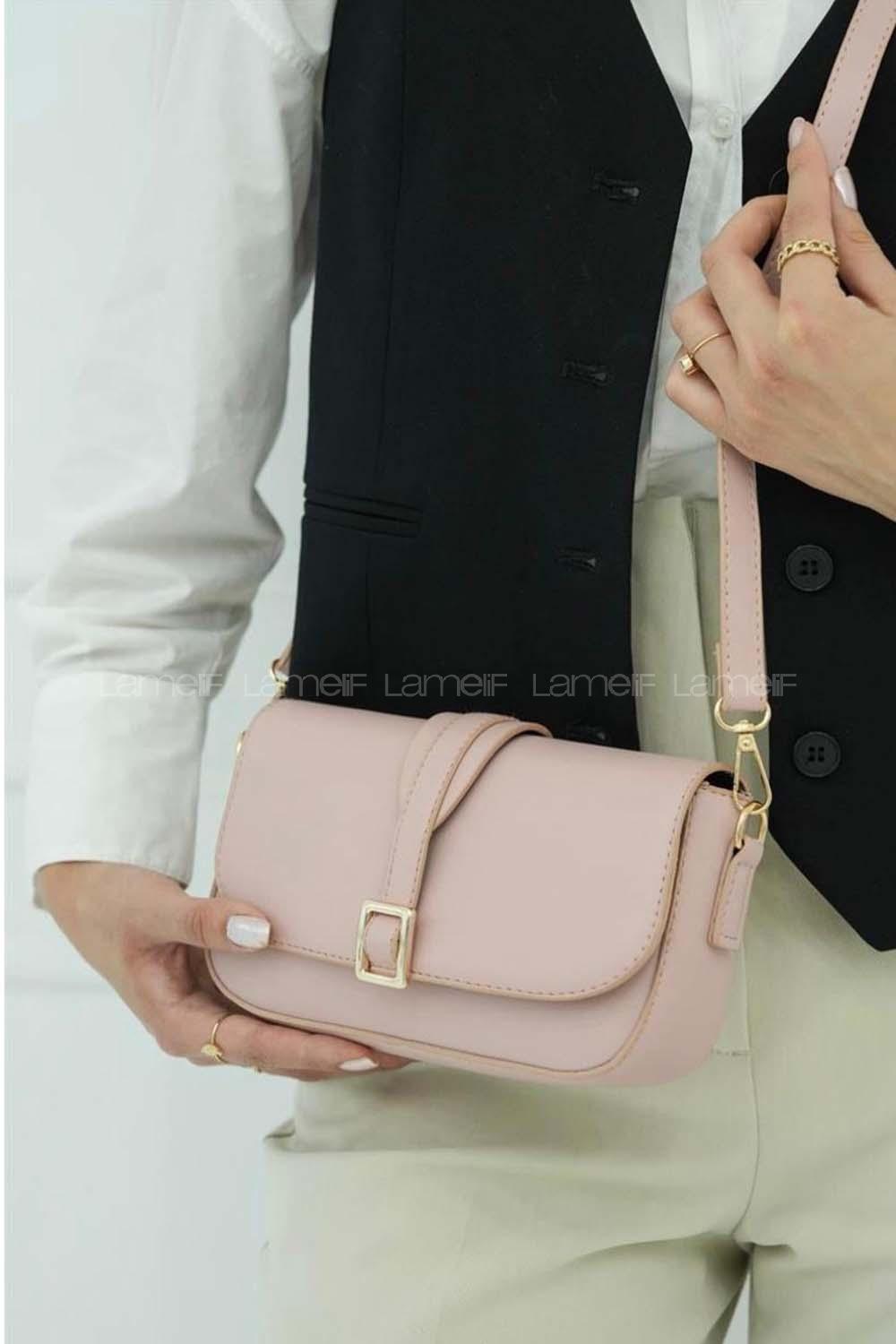 Lamelif Tokalı Çapraz Askılı Kadın Çanta Pudra