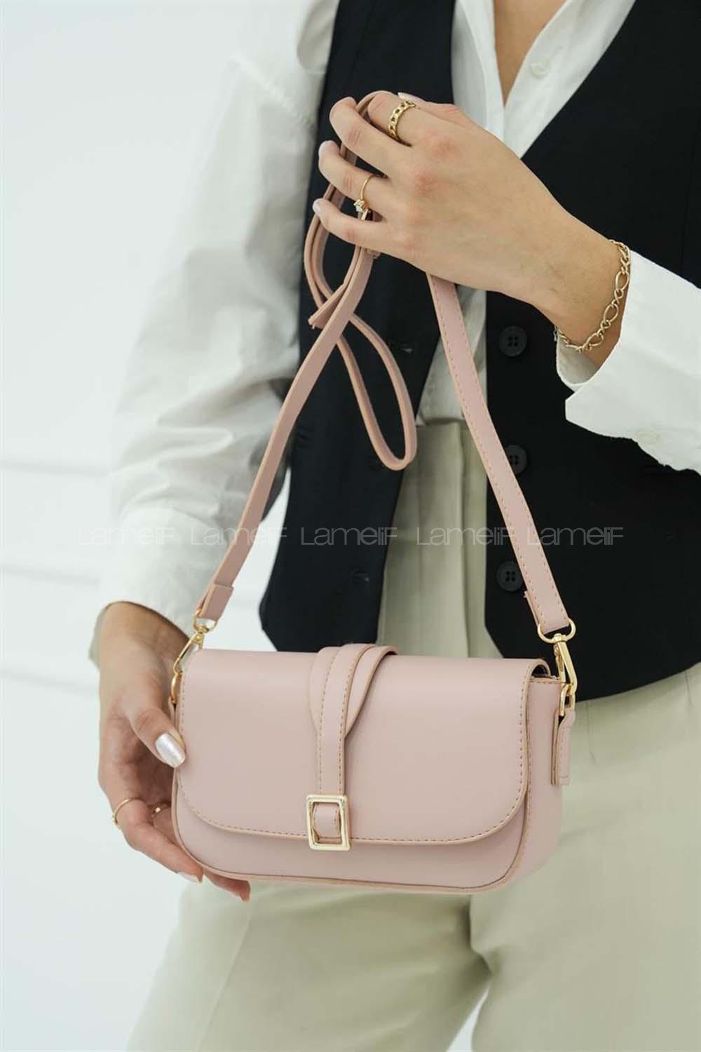 Lamelif Tokalı Çapraz Askılı Kadın Çanta Pudra