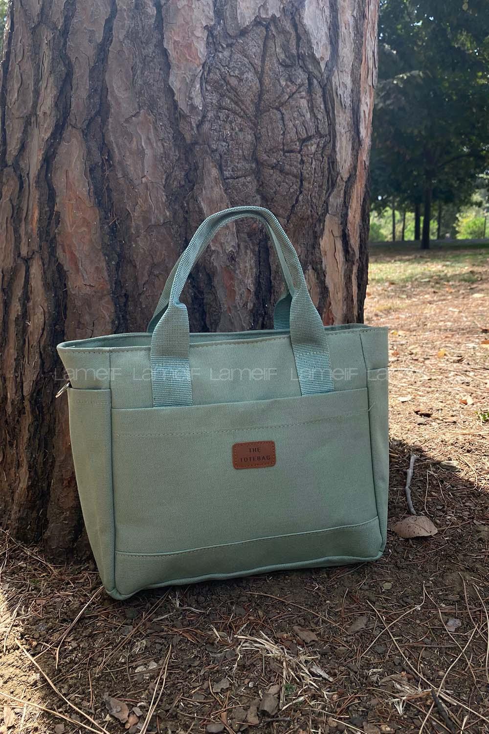 Lamelif Çok Cepli Kanvas Kadın Omuz Çantası Çağla Yeşili