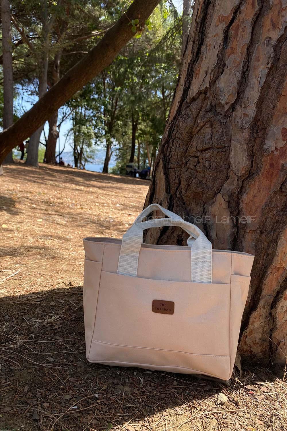 Lamelif Çok Cepli Kanvas Kadın Omuz Çantası Krem