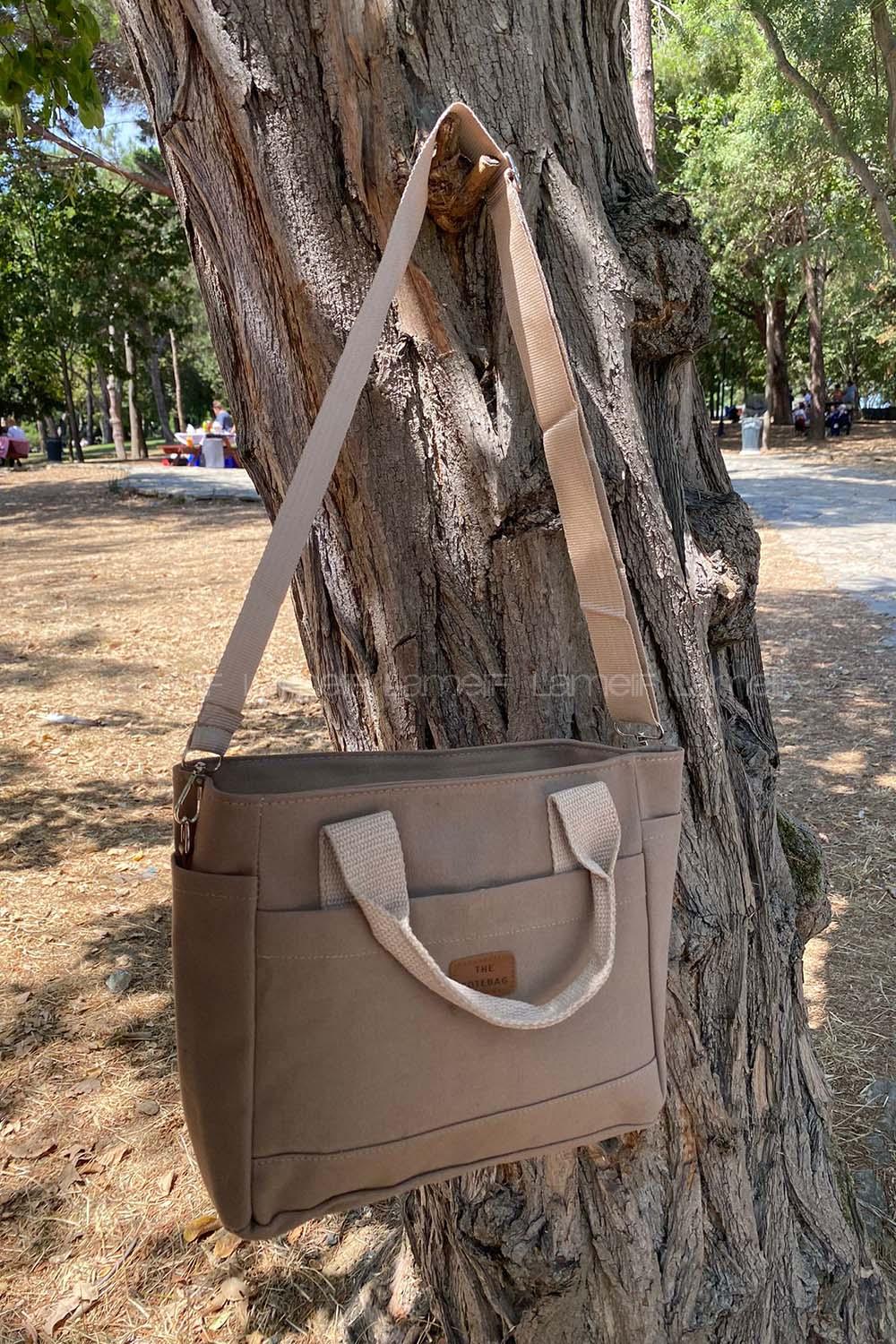 Lamelif Çok Cepli Kanvas Kadın Omuz Çantası Vizonrengi