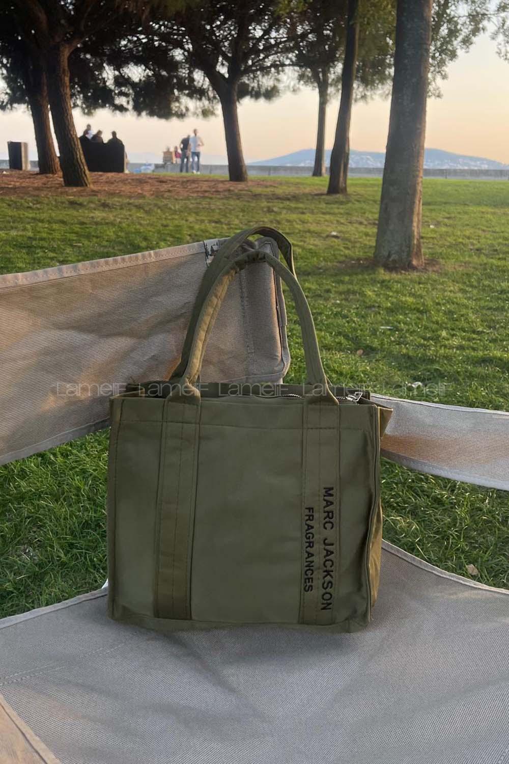 Lamelif Kanvas Kumaş Siyah Çapraz Çanta Kadın Haki