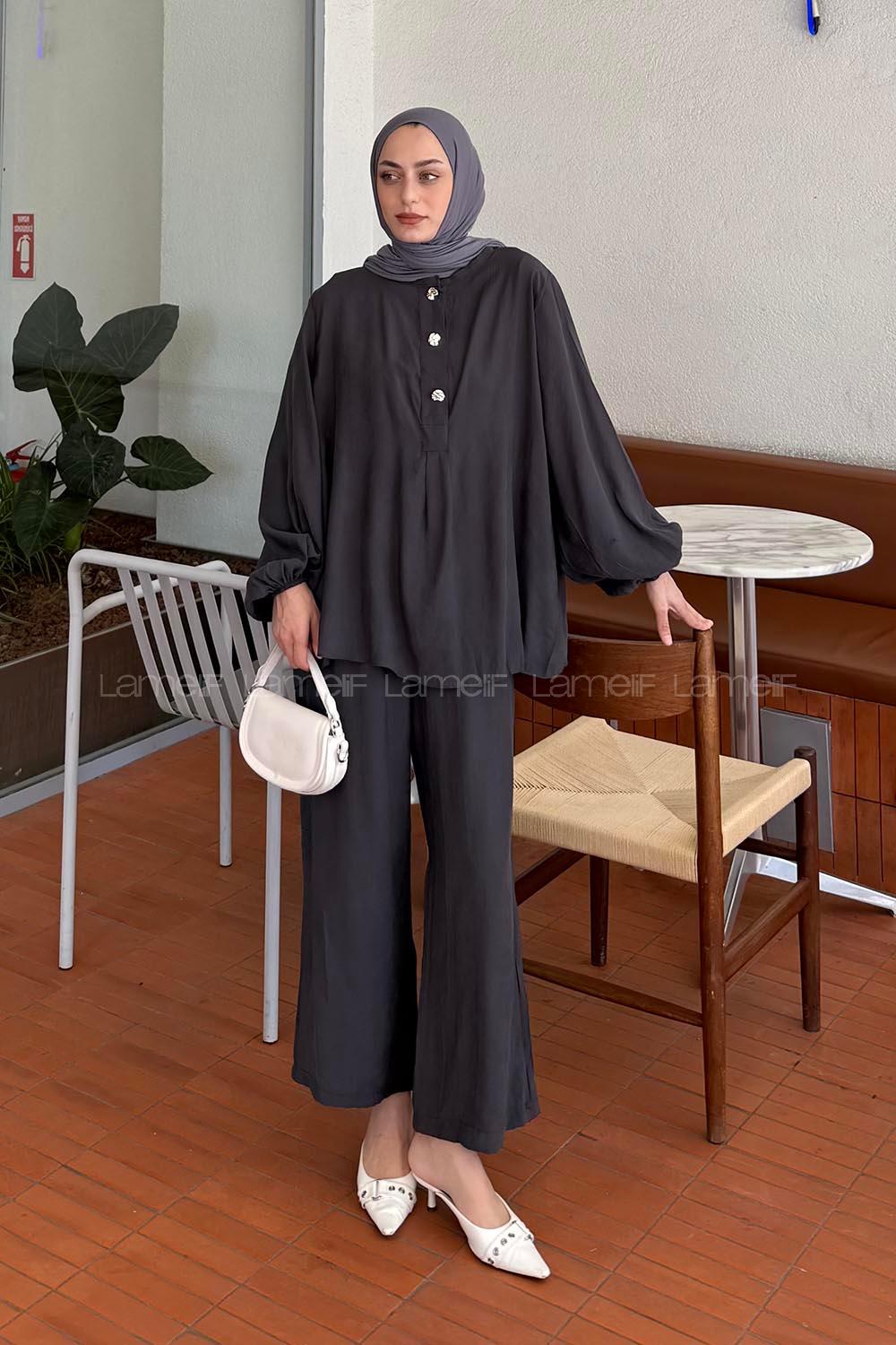 Lamelif Düğme Detaylı Modal Tesettür İkili Takım Antrasit