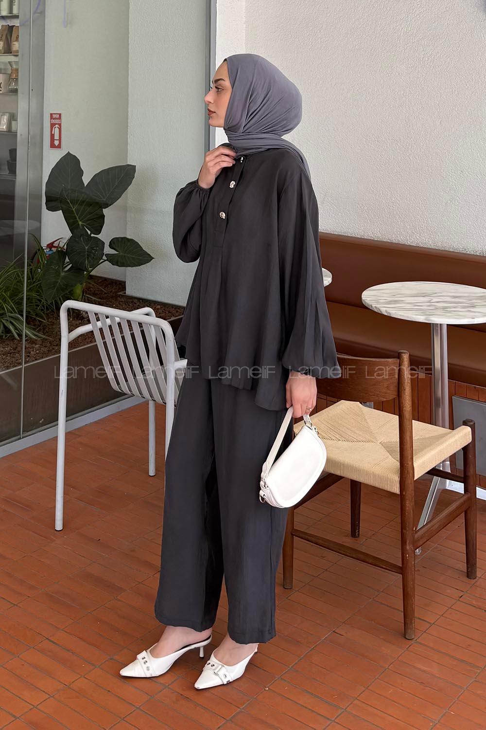 Lamelif Düğme Detaylı Modal Tesettür İkili Takım Antrasit