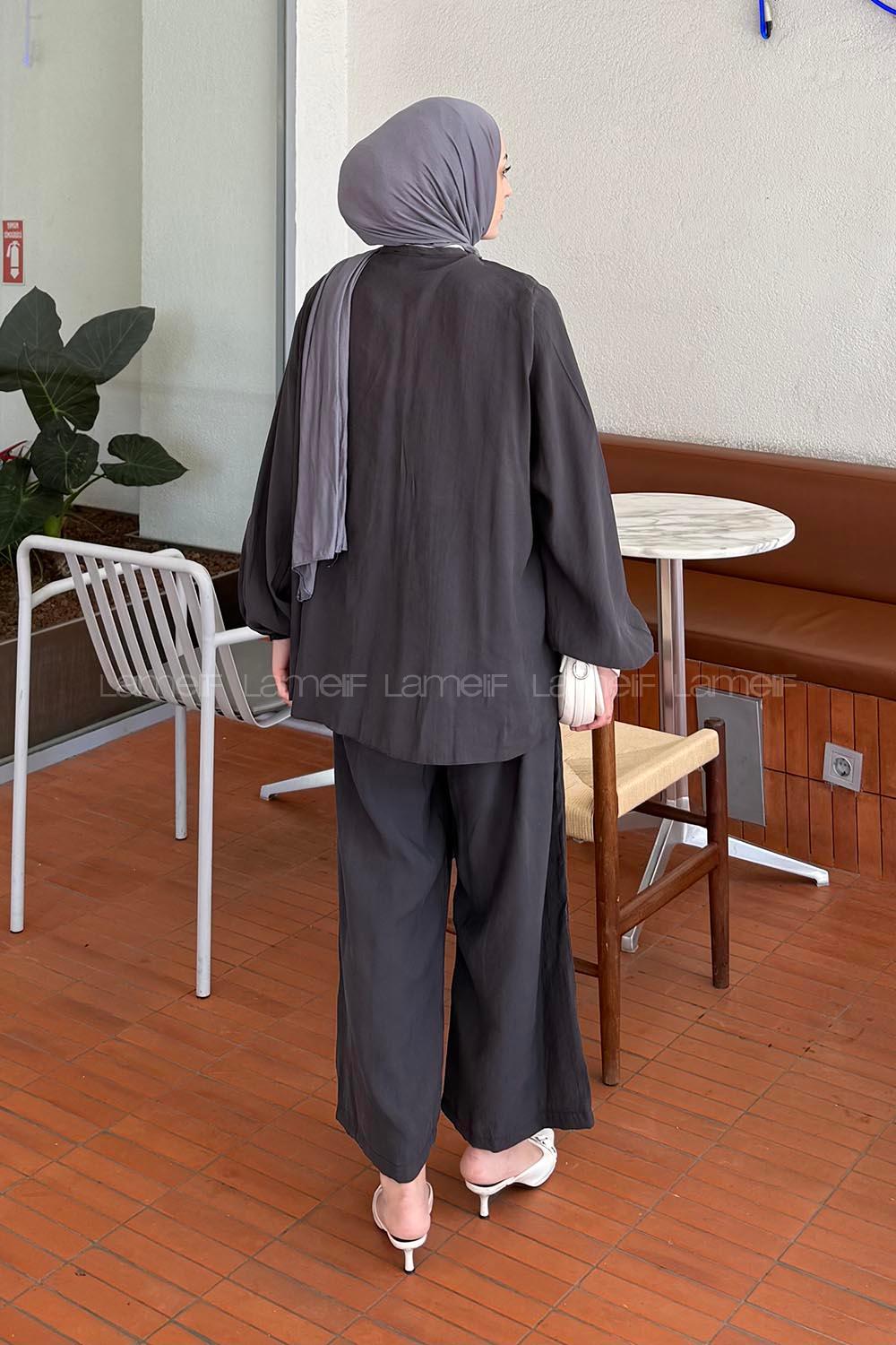 Lamelif Düğme Detaylı Modal Tesettür İkili Takım Antrasit