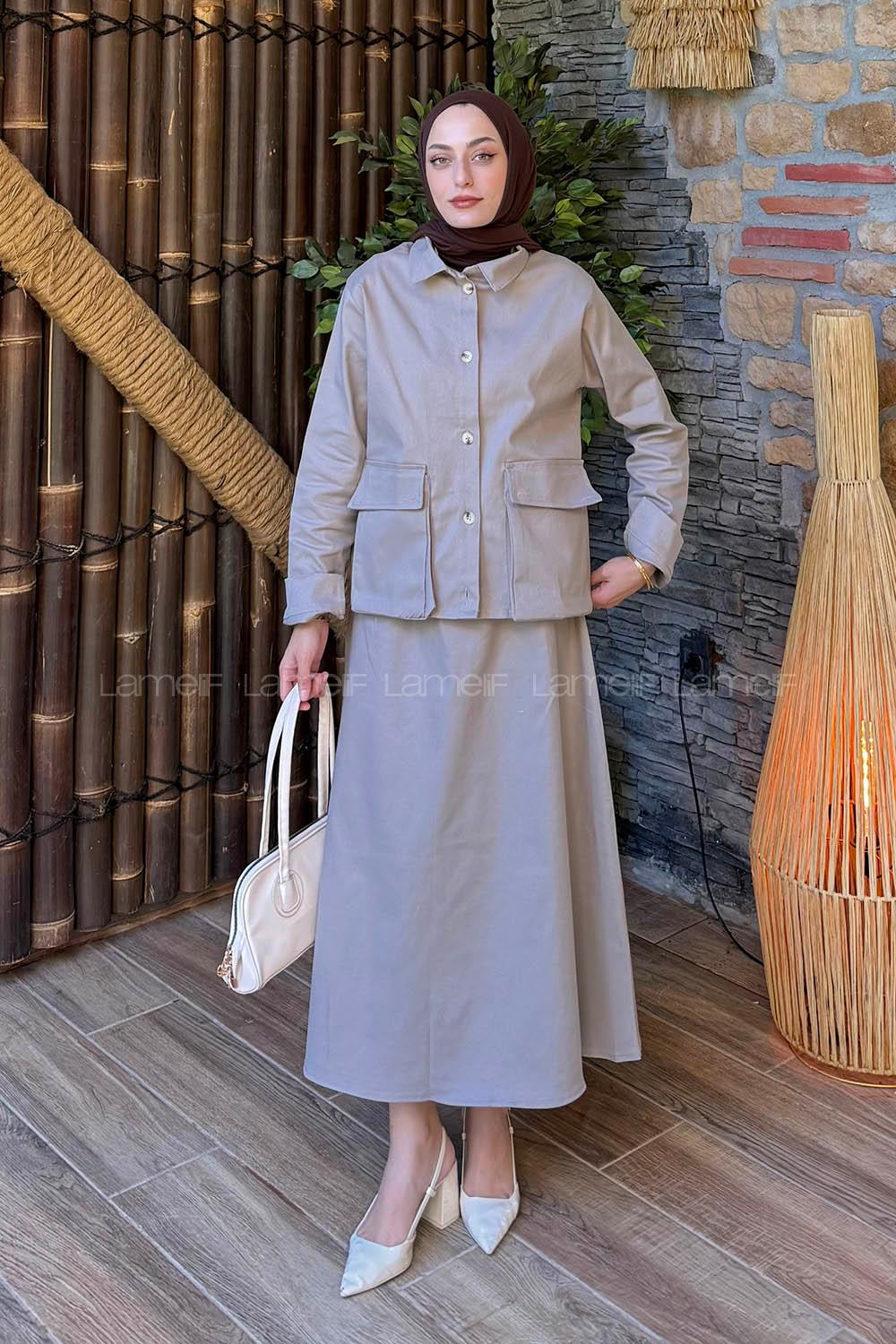 Lamelif Cep Detaylı İkili Etek  Tesettür Takım Koyu Gri