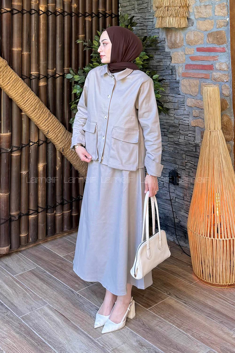 Lamelif Cep Detaylı İkili Etek  Tesettür Takım Koyu Gri