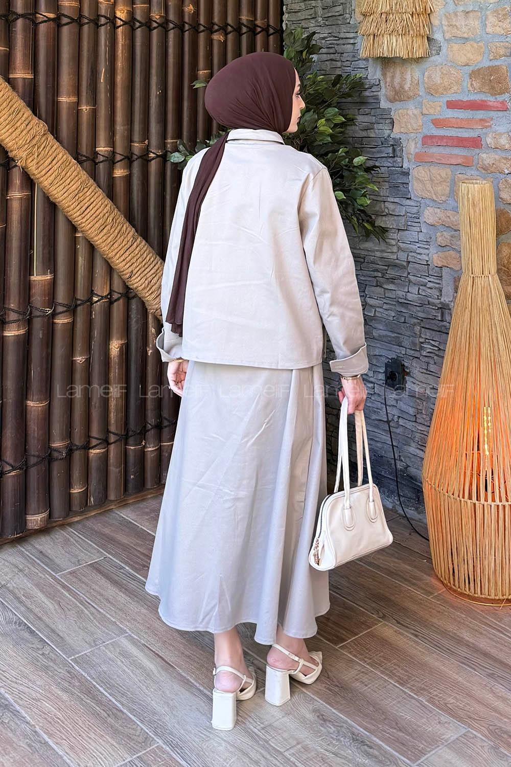 Lamelif Cep Detaylı İkili Etek  Tesettür Takım Koyu Gri