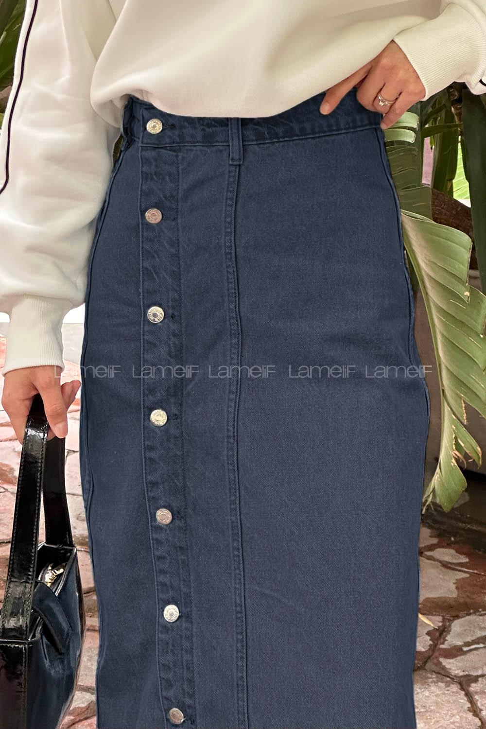 Lamelif Düğmeli Kot Etek Su Yıkama