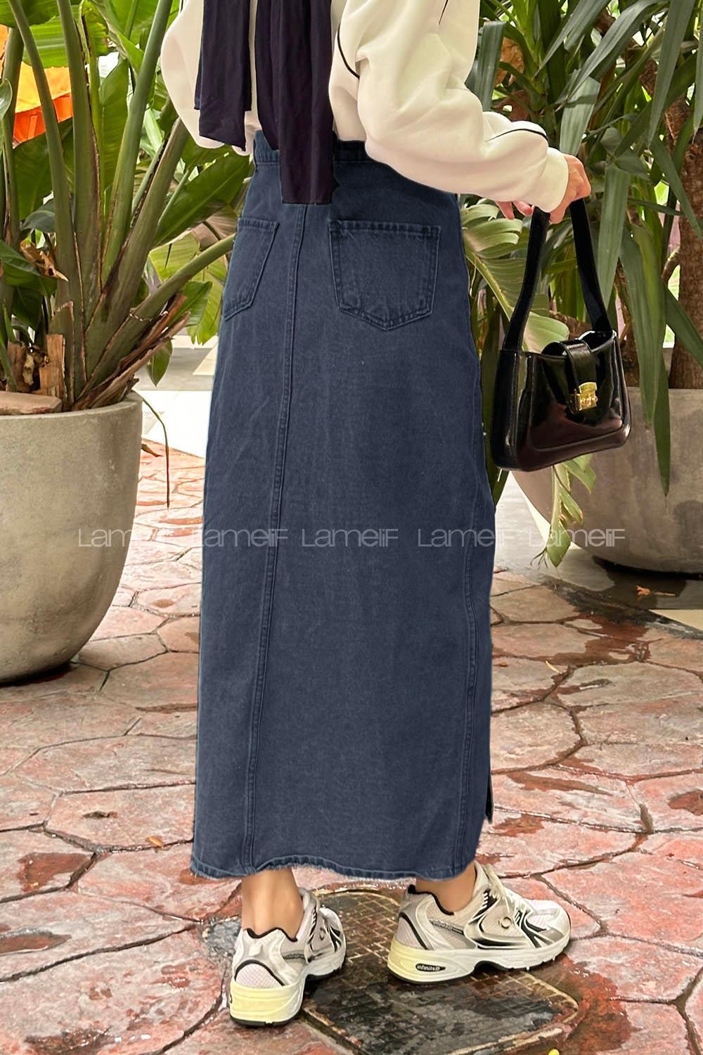 Lamelif Düğmeli Kot Etek Su Yıkama