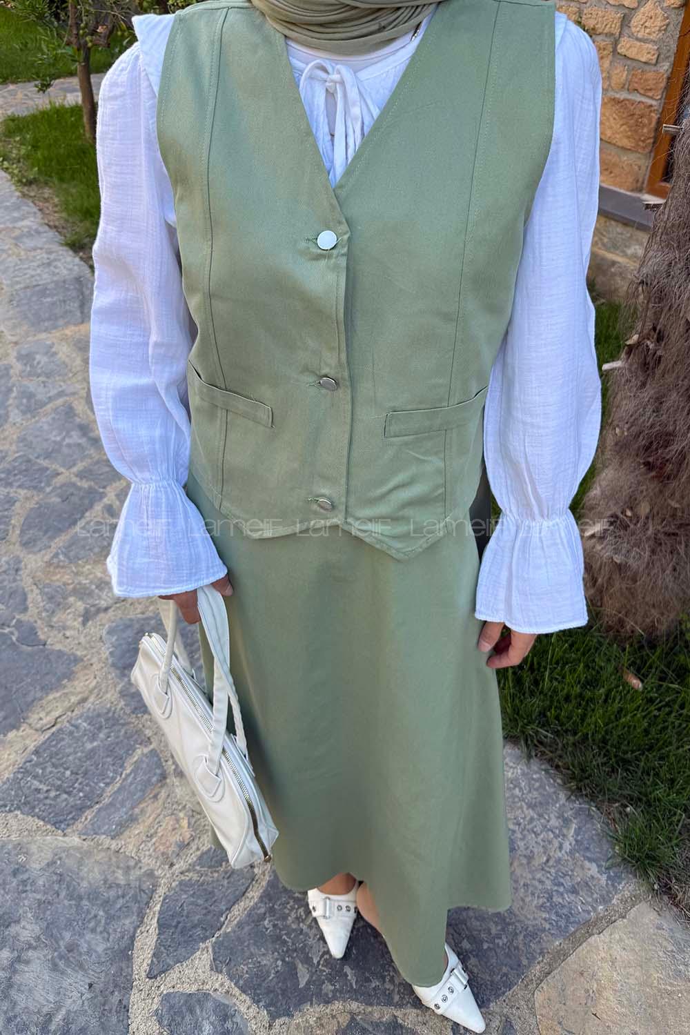 Plum Green V Neck Sleeveless Arm Cotton Flare Suit