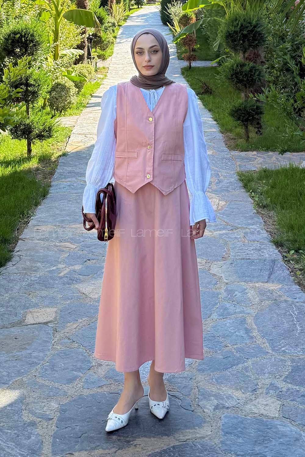 Lamelif Gabardin Yelek-Etek İkili Tesettür Takım Pudra Rengi