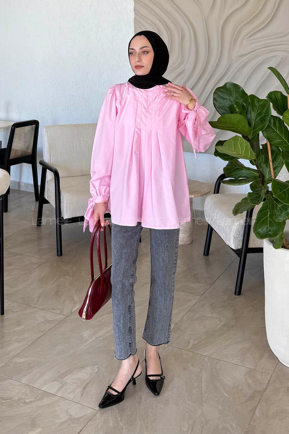 Lamelif Kolu Bağlamalı Pileli Bluz Pembe