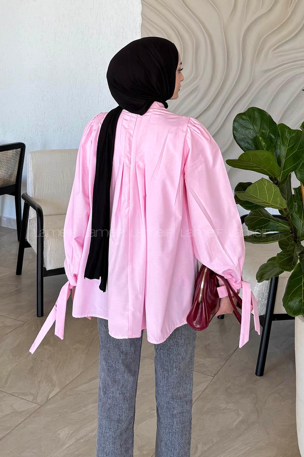 Lamelif Kolu Bağlamalı Pileli Bluz Pembe