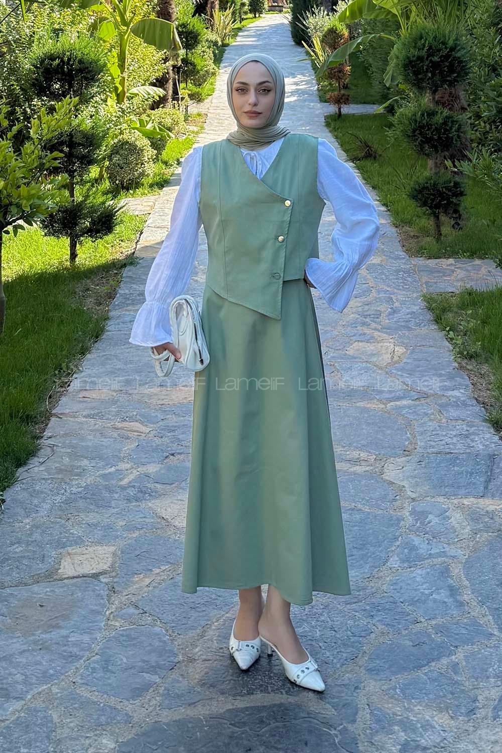 Plum Green V Neck Sleeveless Arm Denim Straight Skirt Suit