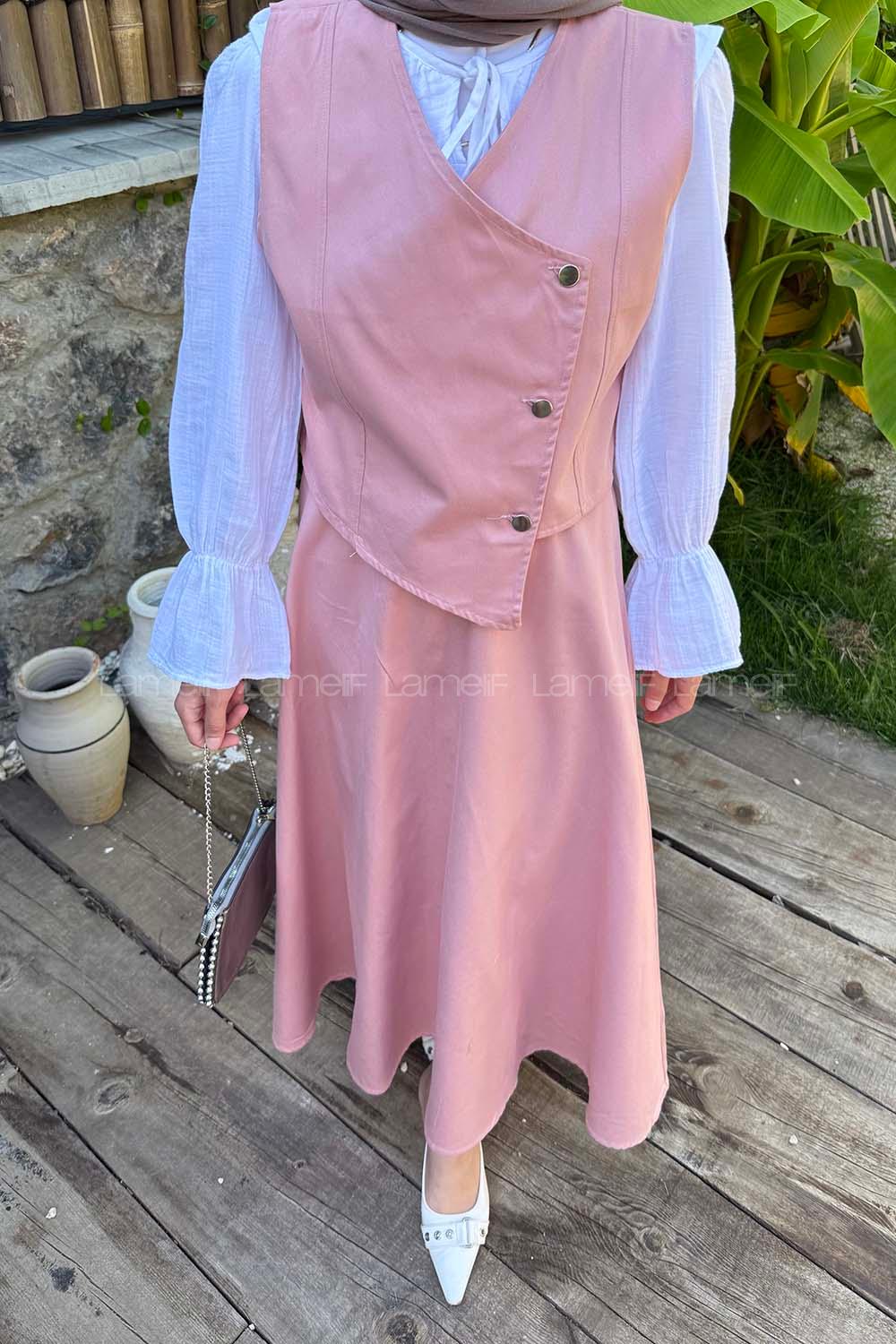 Powder V Neck Sleeveless Arm Denim Straight Skirt Suit