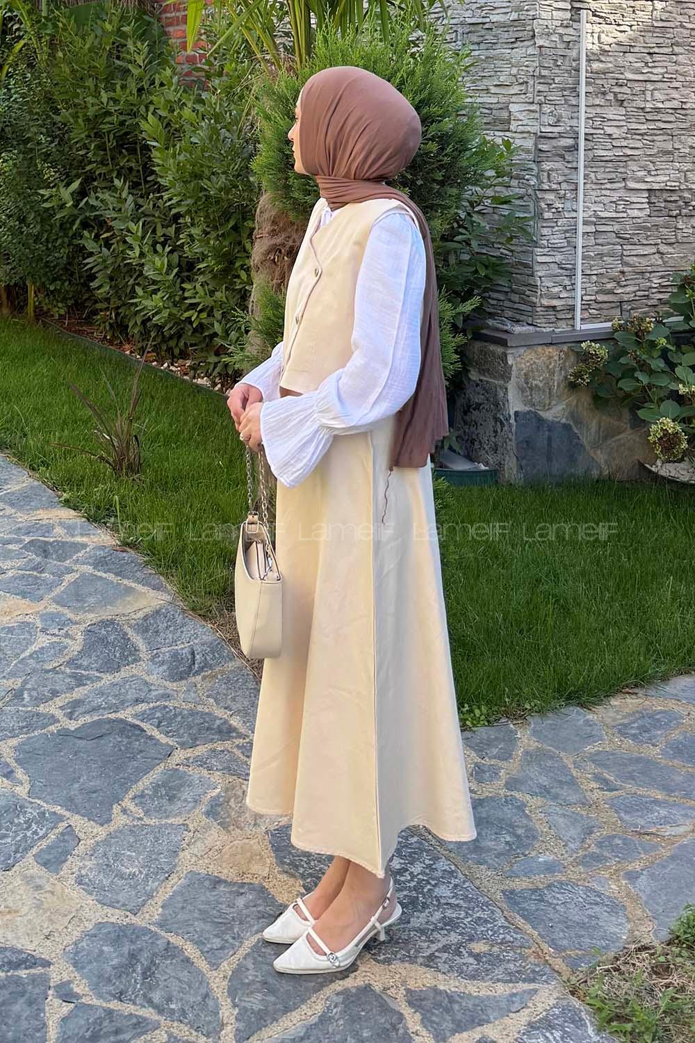 Lamelif Kruvaze Kapama Gabardin Takım Taş Rengi