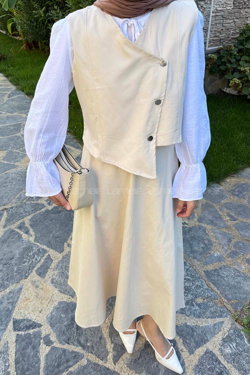 Lamelif Kruvaze Kapama Gabardin Takım Taş Rengi