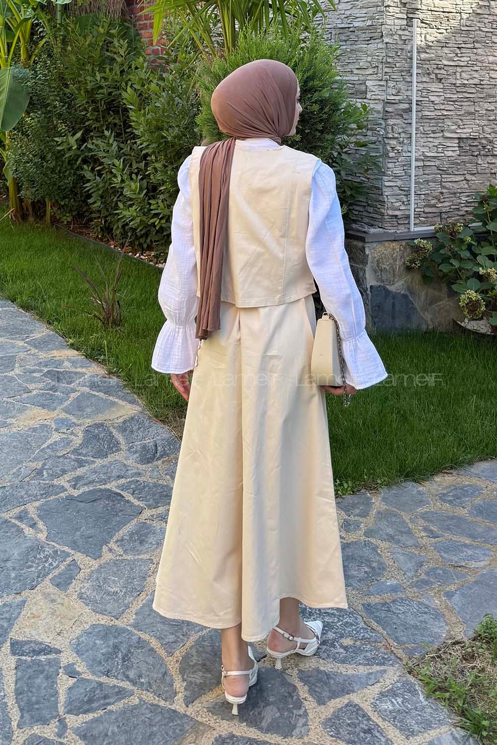 Lamelif Kruvaze Kapama Gabardin Takım Taş Rengi