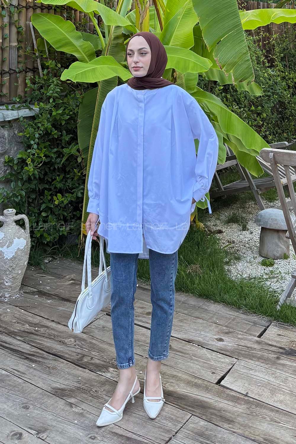 Lamelif Manşeti Biyeli Tunik Beyaz