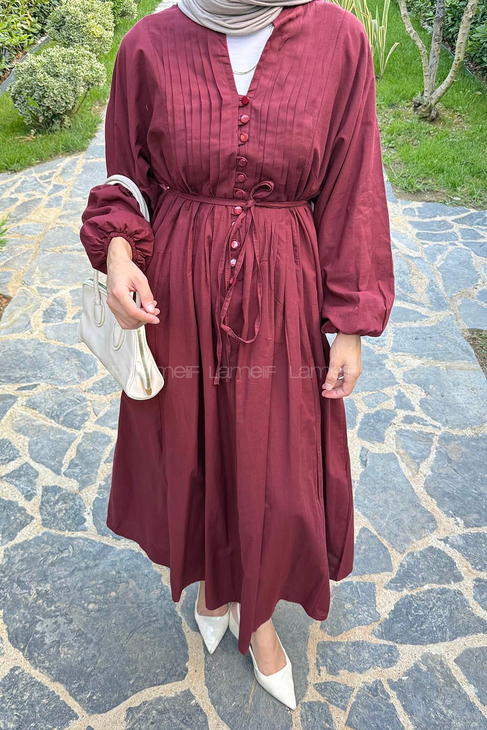 Lamelif Nervürlü Vual Tesettür Elbise Mürdüm
