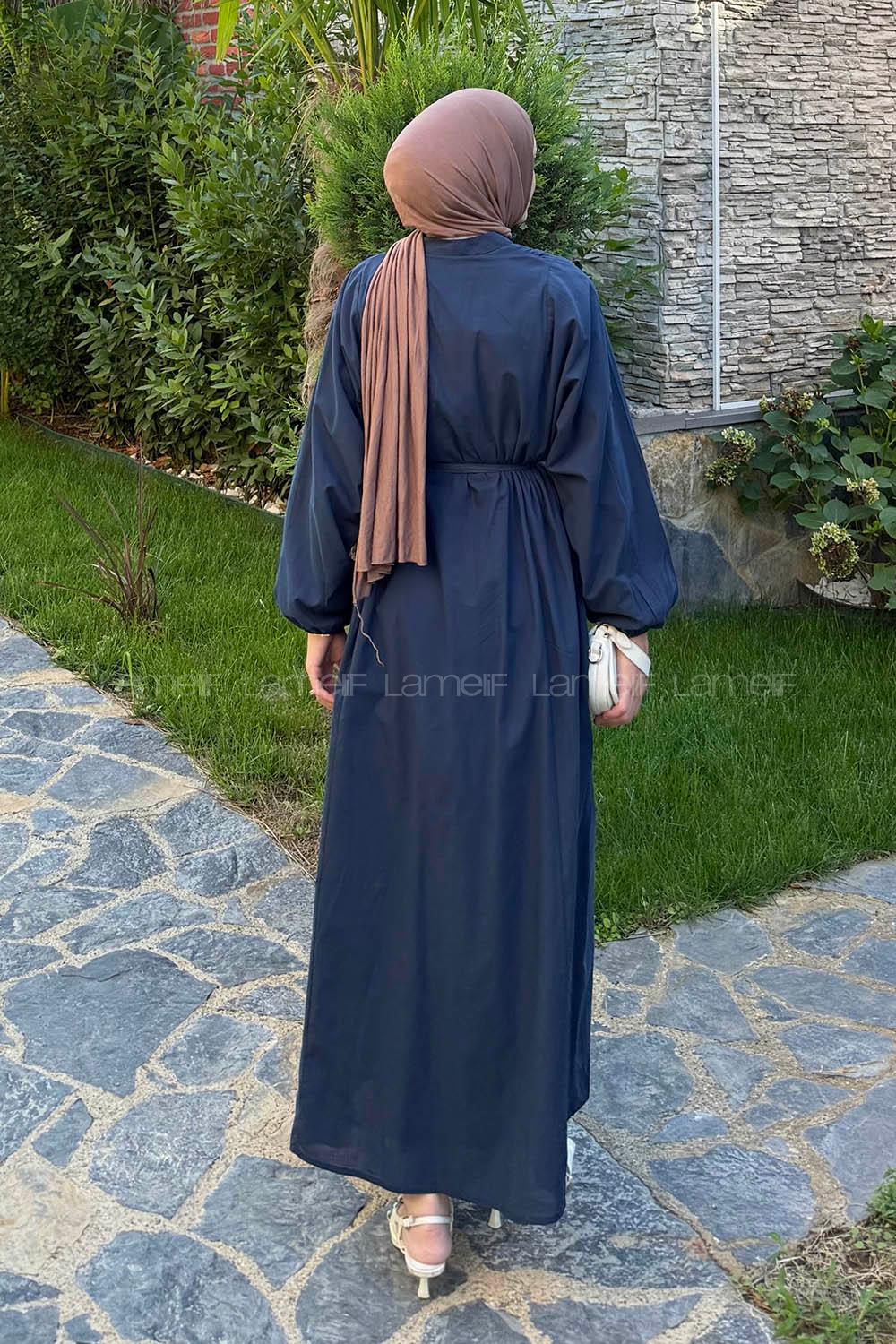 Navy Blue Mandarin Collar Cotton Dresess