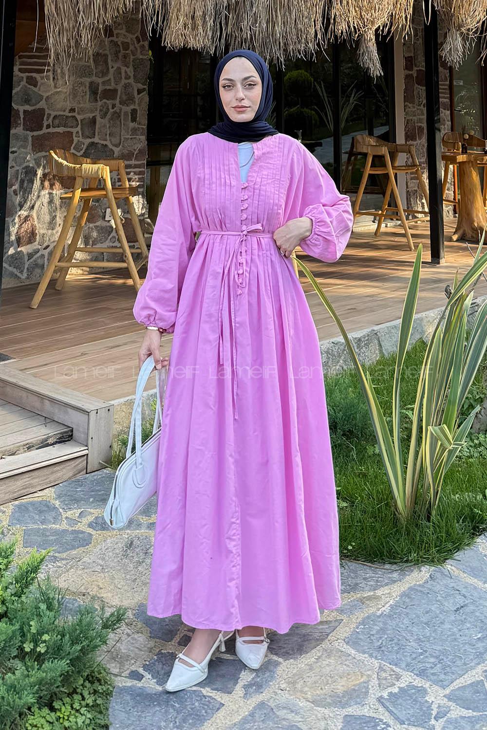Lamelif Nervürlü Vual Tesettür Elbise Pembe