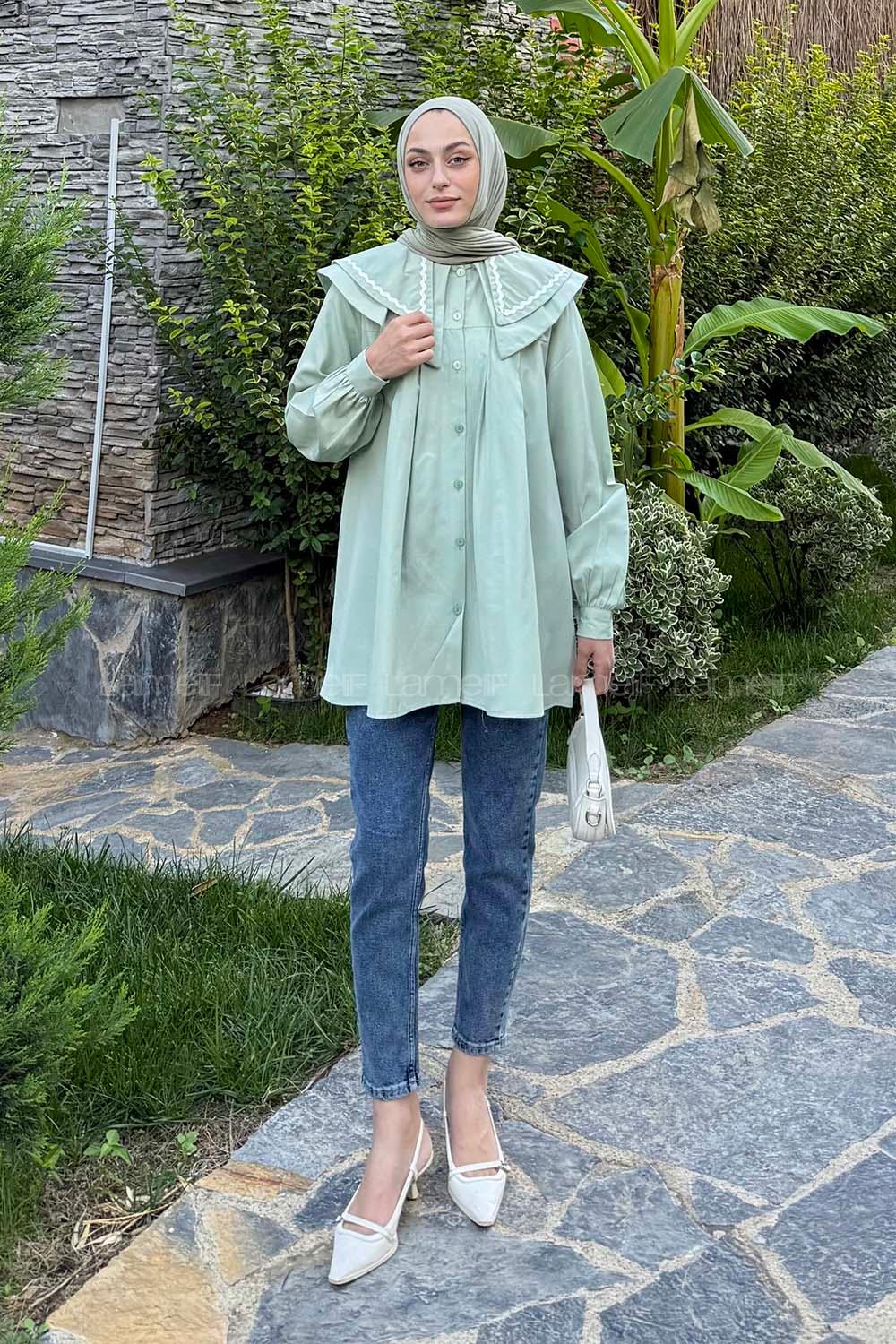 Mint Green-1 Shirt Collar Long Arm Cotton Shirt