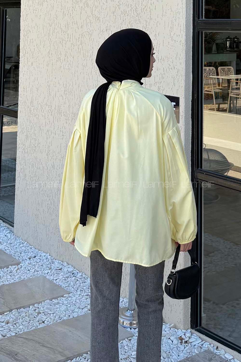 Lamelif Yaka Fular Detaylı Gömlek Sarı