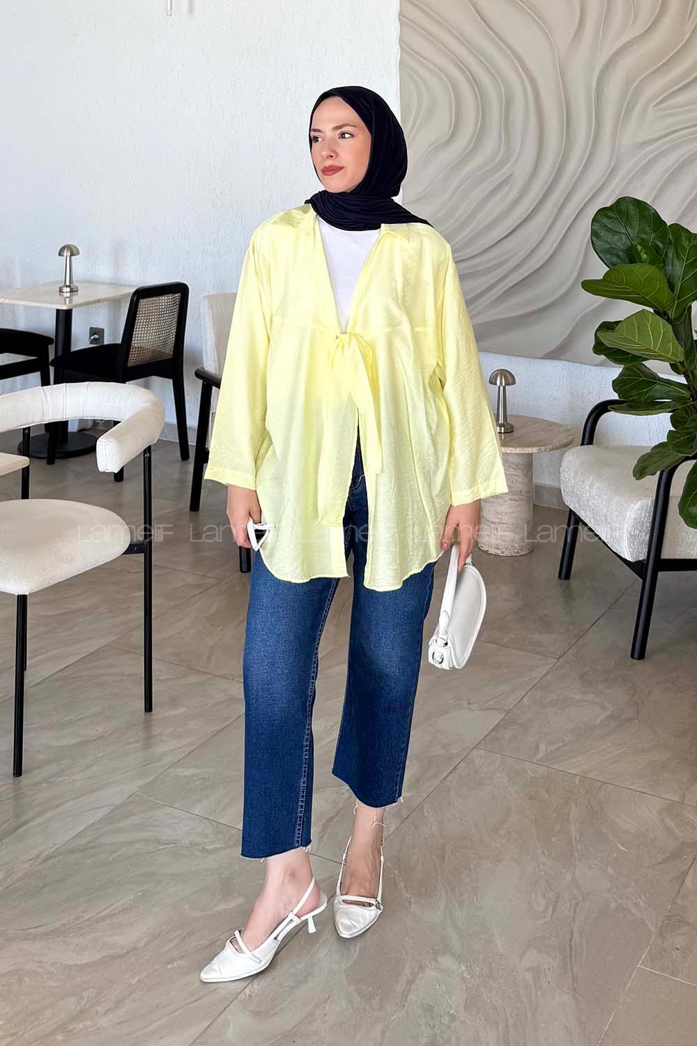 Lamelif Bağlama Detaylı Pareo Kimono Sarı