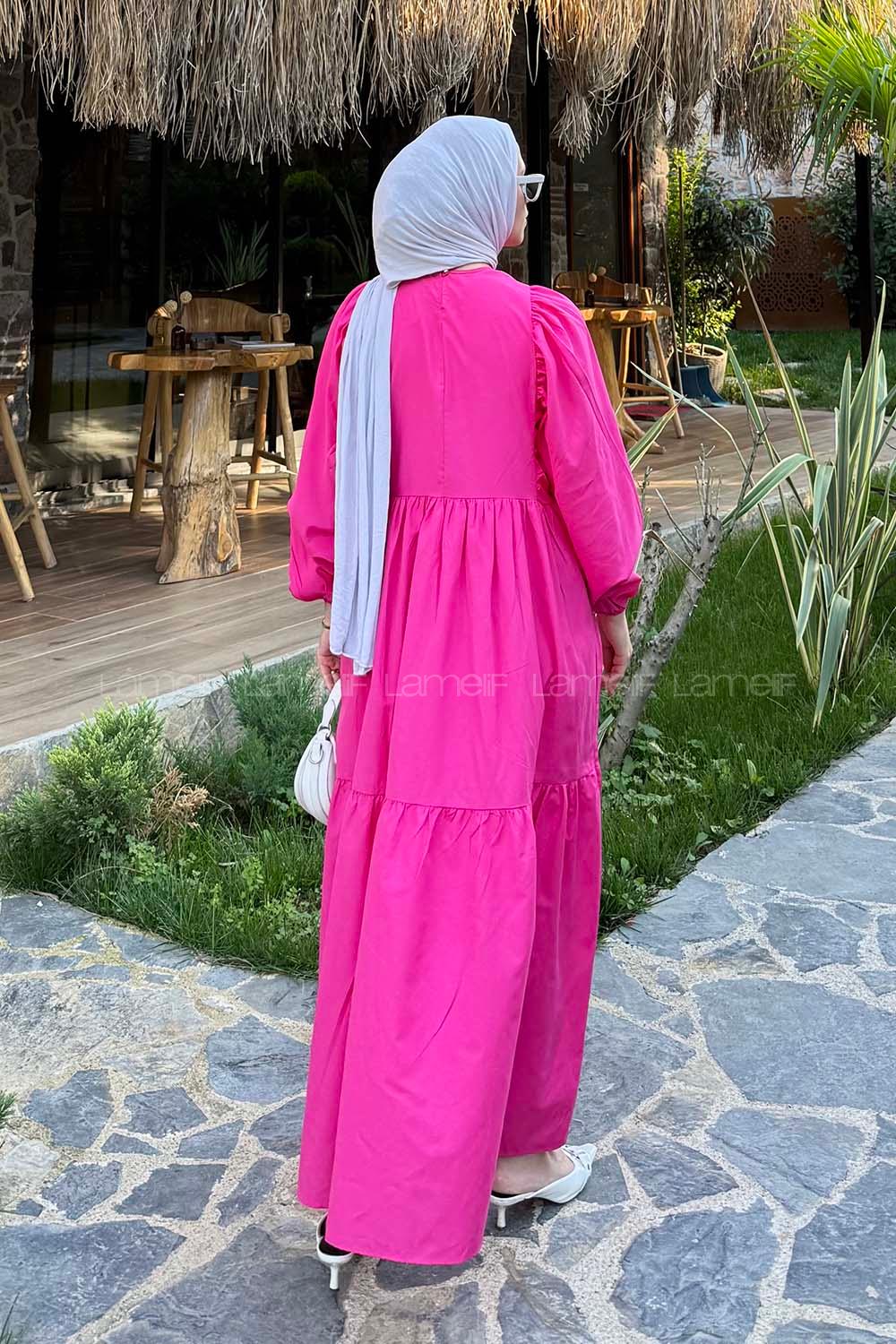 Lamelif Balon Kol Katlı Tesettür Elbise Fuşya
