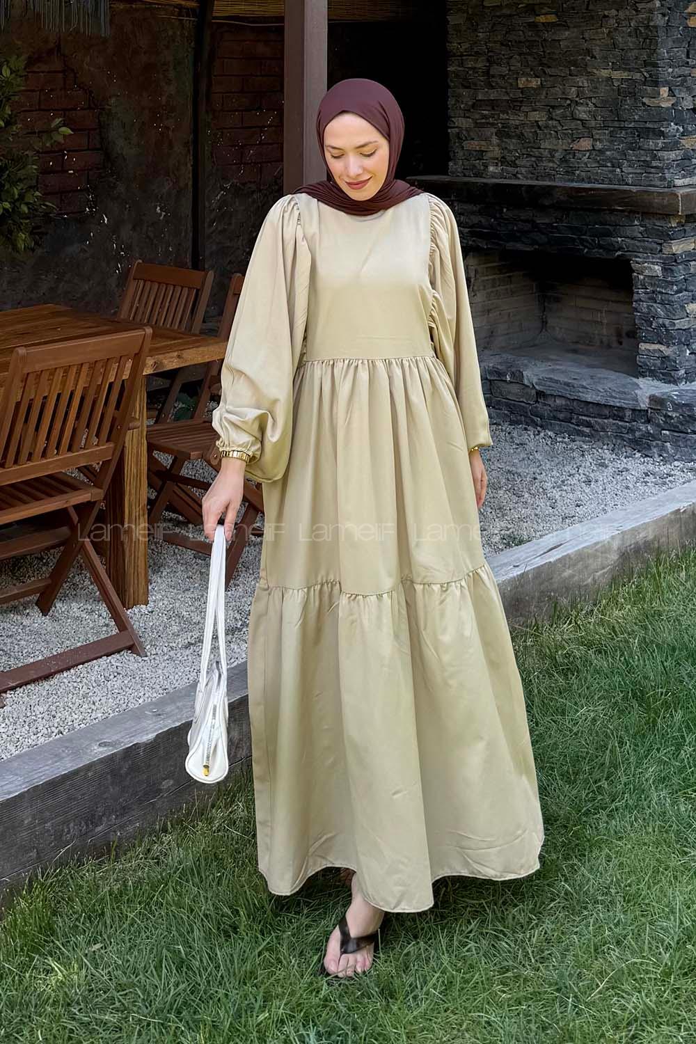 Lamelif Balon Kol Katlı Tesettür Elbise Taş Rengi